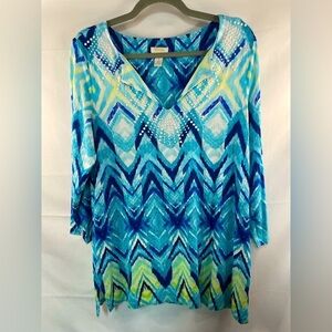 Chicos blue and green patter tunic top. With neckline embellishments,  size 1